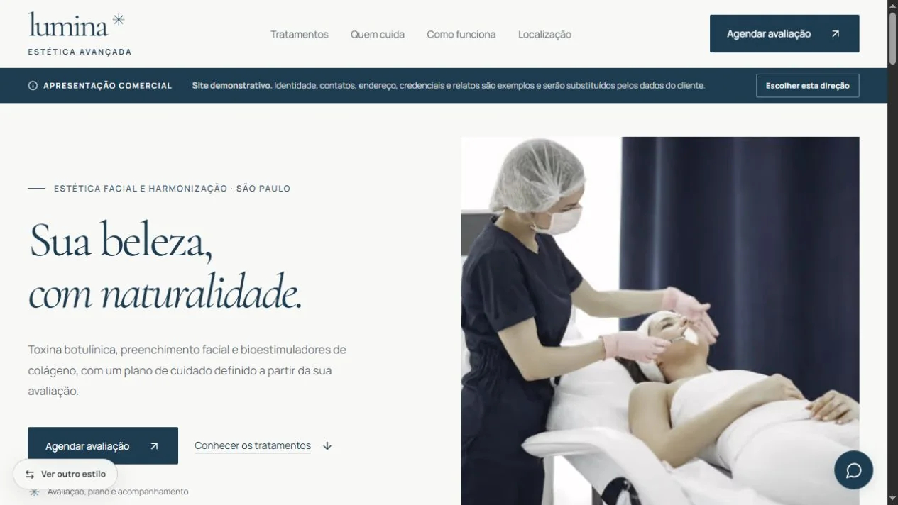 Prévia da versão editorial do site de clínica Lumina, com chamada sobre estética facial e imagem de atendimento